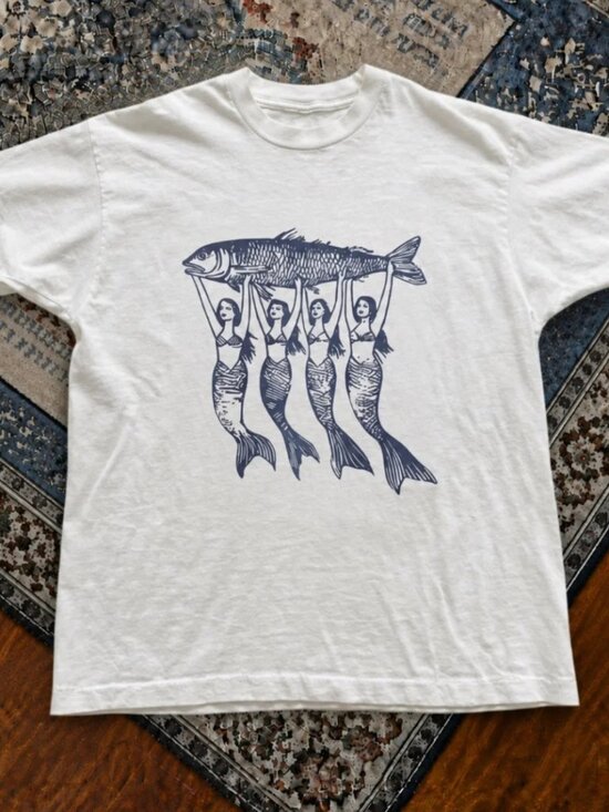 Gildan Tops - Mermaids Holding Fish Linocut White Cottagecore Graphic T-Shirt Reprint